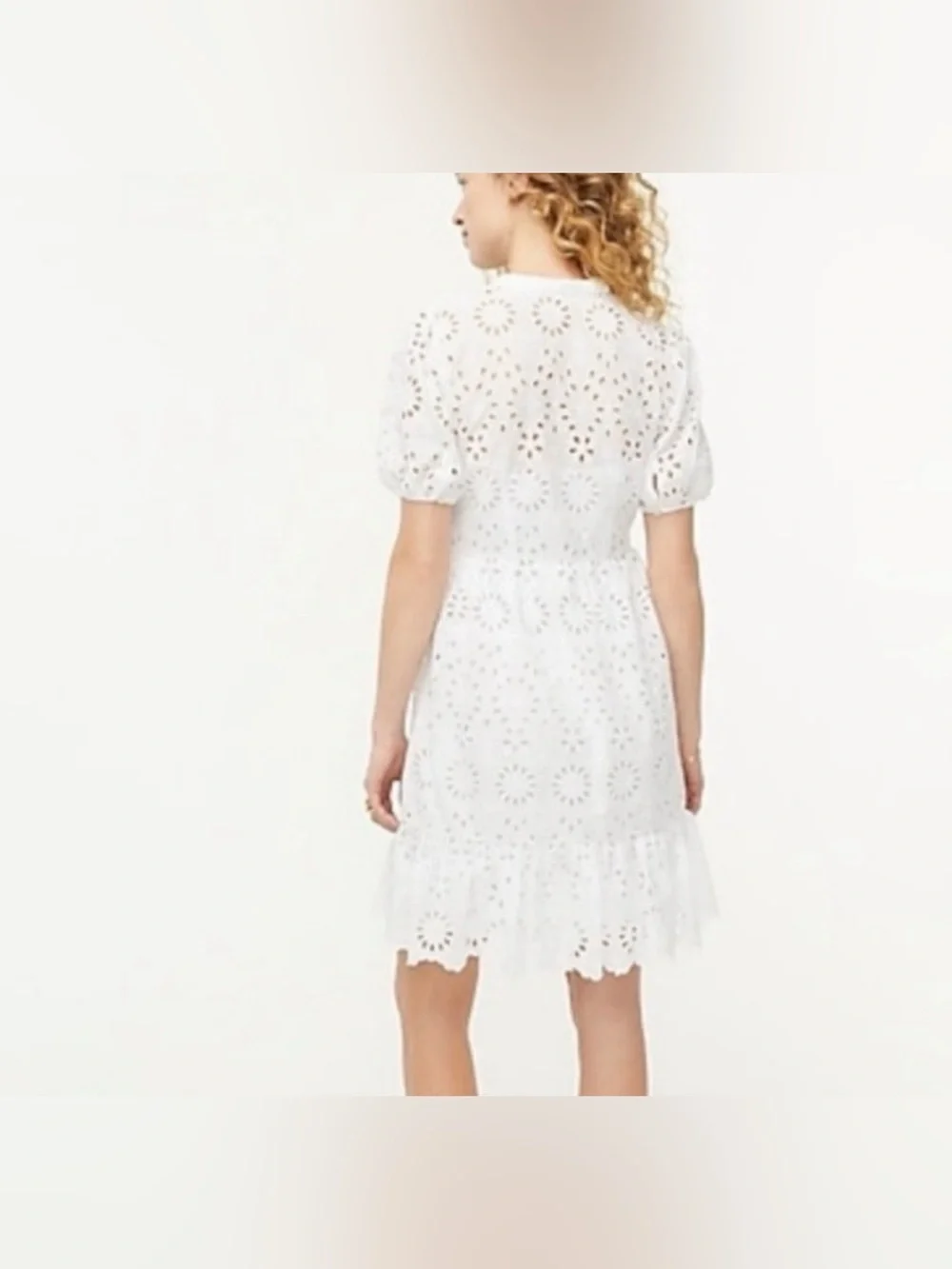 NWOT J crew puff sleeve eyelet dress white with pockets. Size 10.